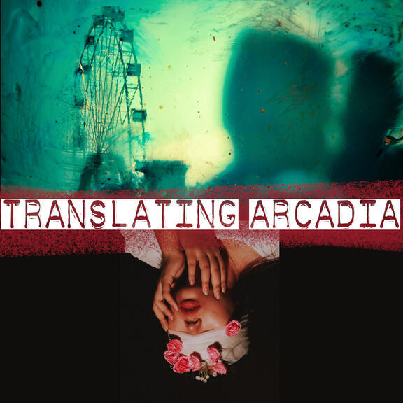 The Translating Arcadia logo, a picture of a silhouette of a Ferris wheel and two human heads against a green background on the top, an upside down picture of a woman with a bandage and roses around her eyes on the bottom, and a center bar dividing the two